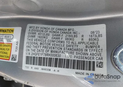2024 Honda Civic Ex from USA, damaged, VIN 2HGFE1F78RH300630